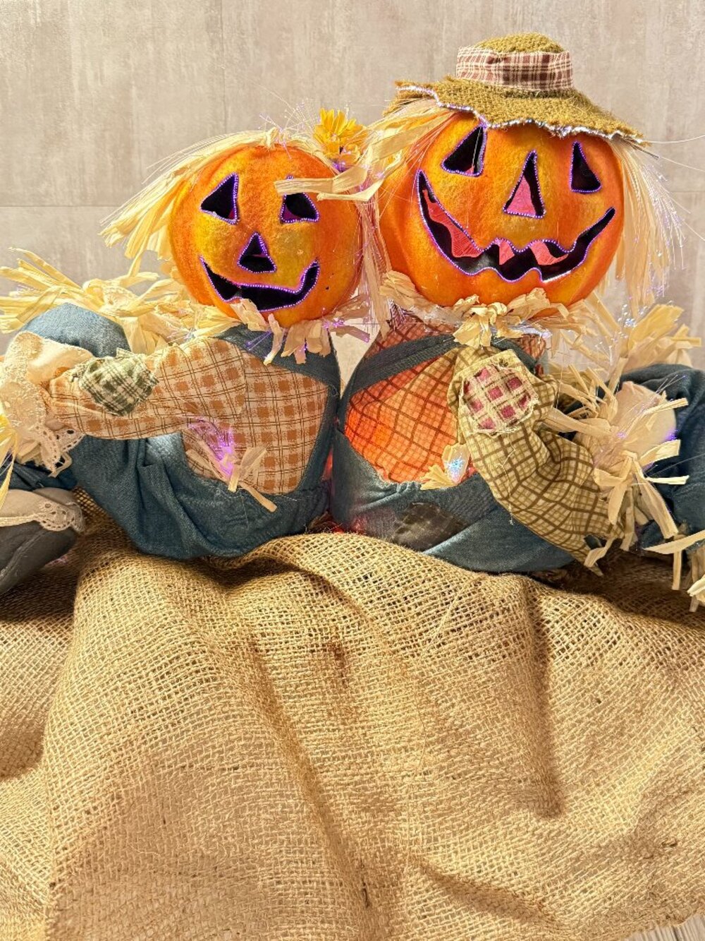 2004 Gemmy Fiber Optic Scarecrow Couple Halloween Pumpkin Light Up Box 23909